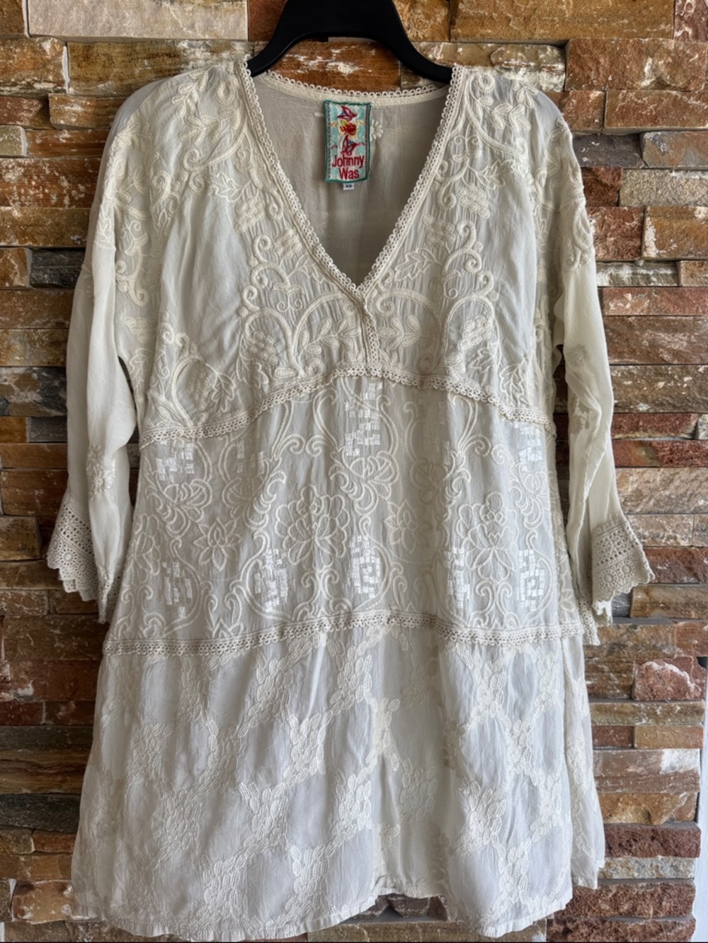 Johnny Was Cream Embroidered V-Neck Tunic Lace Trim Size XS
